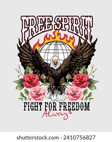 free spirit slogan with eagle and roses hand drawn graphic vector illustration