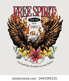 free spirit slogan with fired eagle and flower graphic hand drawn vector illustration