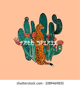 Free Spirit Slogan.Leopard With Cactus. Typography Graphic Print, Fashion Drawing For T-shirts .Vector Stickers,print, Patches Vintage