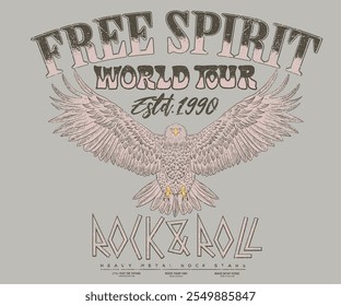 Free spirit t shirt design. Rock and roll graphic print design for apparel, stickers, posters and background. Free bird. Fly high artwork. World tour music poster design. Eagle rock star design.