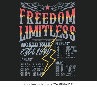 Free spirit t shirt design. Freedom limitless artwork. Rock and roll vector graphic print design for apparel, posters, background and others.