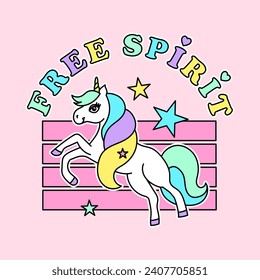 FREE SPIRIT TEXT, MAGIC UNICORN WITH COLORFUL HAIR AND STARS, SLOGAN PRINT VECTOR