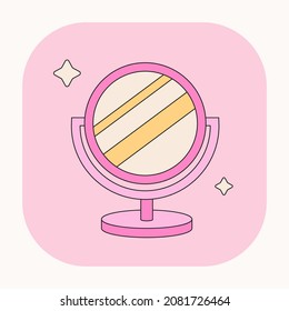 Free Standing Mirror Cute Cartoon Illustration. Pink Doodle Icon Of  Standing Rounded Mirror. Vector Cosmetic Stuff. Korean Beauty Cosmetic Product Stuff Sign.