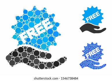 Free sticker hand composition of circle elements in various sizes and color hues, based on free sticker hand icon. Vector circle elements are organized into blue composition.
