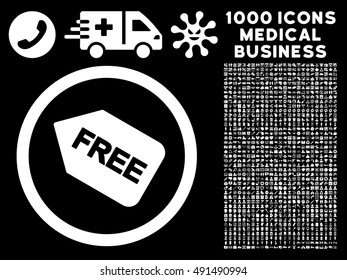 Free Sticker icon with 1000 medical business white vector pictograms. Clipart style is flat symbols, black background.