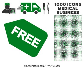 Free Sticker icon with 1000 medical business green and gray vector pictographs. Design style is flat bicolor symbols, white background.