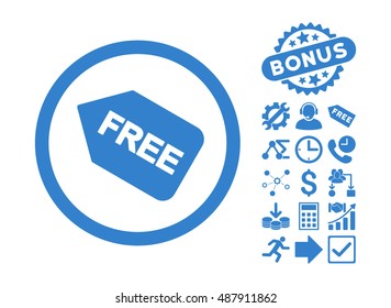 Free Sticker pictograph with bonus pictogram. Vector illustration style is flat iconic symbols, cobalt color, white background.