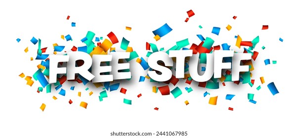 Free stuff sign over colorful cut out ribbon confetti background. Design element. Vector illustration.