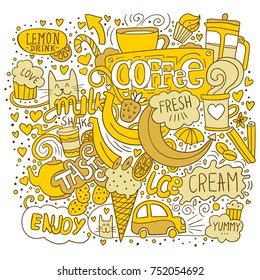 Free style coffee and sweets illustration. Yellow and white hand drawn sketch art with drinks, fruits, cats, hearts and lettering. Doodle elements for prints, interior decor and package design