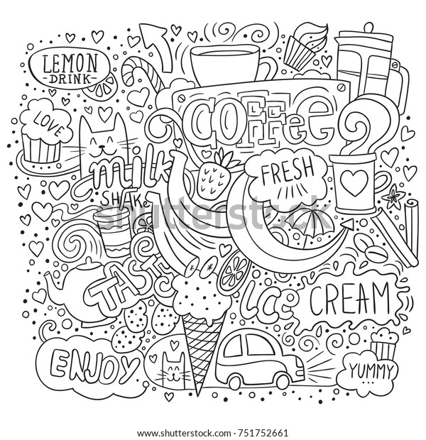 Free style\
coffee and sweets illustration. Black and white sketch art with\
drinks, fruits, cats, hearts and lettering. Doodle elements for\
prints, interior decor and package\
design
