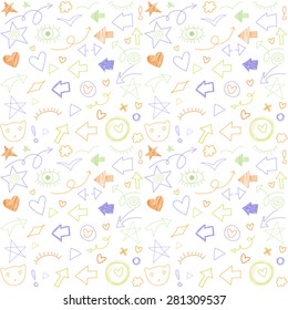 Free style inky hand drawn arrows and symbols set. Abstract icons background. Vector seamless pattern.