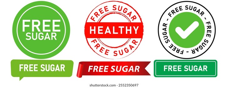 Dieta de azúcar gratis diabético sin estilo de vida saludable dulce edulcorante natural sello de comida y bebida insignias de colores logo Anuncio etiqueta emblema etiqueta engomada diseño de la cinta icono conjunto colección