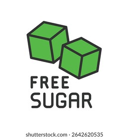 Free sugar, icon in line design, green. Sugar-free, no-sugar, diet, diabetes, healthy, sweetener, label on white background vector. Free sugar, editable stroke icon