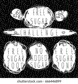 Free sugar label set. Stock vector illustration of lettering and hand drawn sugar cube on grungy background.