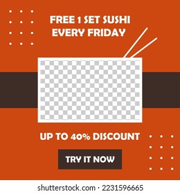 Free sushi post template for social media. Advertising square orange banner