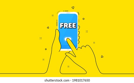 Símbolo libre. Banner amarillo con línea continua. Mano sostén el teléfono. Signo de oferta especial. Venta. Icono de teléfono móvil. Banner de manos de línea continua. Mensaje libre. Vector