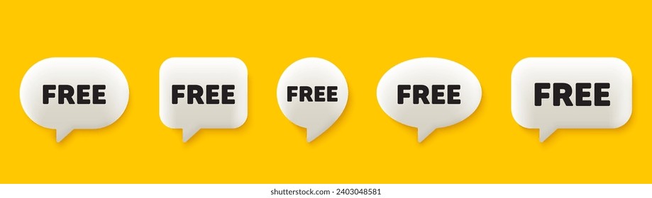 Free tag. 3d chat speech bubbles set. Special offer sign. Sale promotion symbol. Free talk speech message. Talk box infographics. Vector