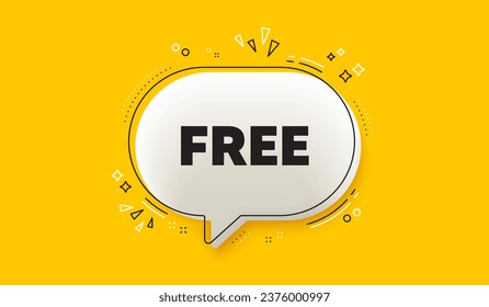 Free tag. 3d speech bubble yellow banner. Special offer sign. Sale promotion symbol. Free chat speech bubble message. Talk box infographics. Vector