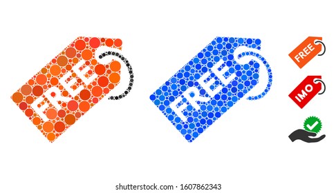 Free tag composition of small circles in different sizes and color tints, based on free tag icon. Vector filled circles are grouped into blue composition.