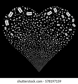 Free Tag fireworks with heart shape. Vector illustration style is flat white iconic symbols on a black background. Object salute done from confetti design elements.