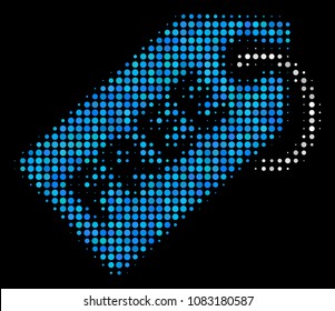 Free tag halftone vector icon. Illustration style is dotted iconic free tag symbol on a black background. Halftone texture is build of round cells.