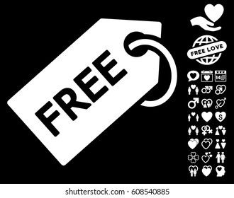 Free Tag icon with bonus love symbols. Vector illustration style is flat iconic white symbols on black background.