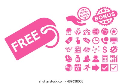 Free Tag icon with bonus pictogram. Vector illustration style is flat iconic symbols, pink color, white background.