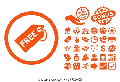 Free Tag icon with bonus pictogram. Vector illustration style is flat iconic symbols, orange color, white background.