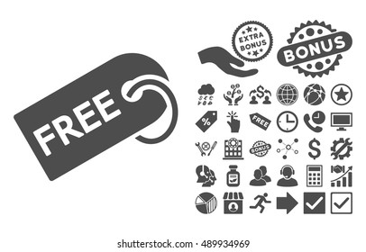 Free Tag icon with bonus icon set. Vector illustration style is flat iconic symbols, gray color, white background.
