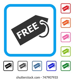 Free Tag icon. Flat gray iconic symbol inside a blue rounded frame. Black, gray, green, blue, red, orange color variants of Free Tag vector. Designed for web and application interfaces.