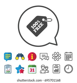 Free tag icon. Freebies banner symbol. Shopping special offer sign. Information, Report and Calendar signs. Group, Service and Chat line icons. Vector