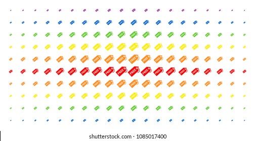 Free tag icon rainbow colored halftone pattern. Vector free tag items are arranged into halftone grid with vertical rainbow colors gradient. Designed for backgrounds, covers,