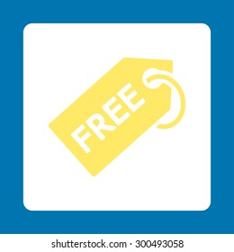 Free tag icon. This flat rounded square button uses yellow and white colors and isolated on a blue background.
