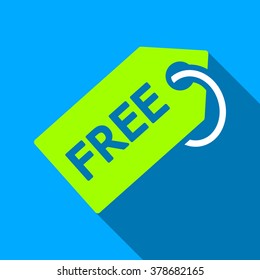 Free Tag long shadow vector icon. Style is a flat light symbol with rounded angles on a blue square background.