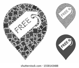 Free tag marker composition of abrupt pieces in different sizes and color hues, based on free tag marker icon. Vector irregular pieces are grouped into composition.