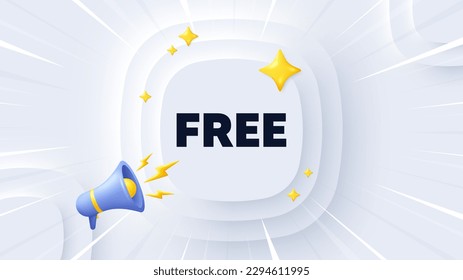 Free tag. Neumorphic banner with sunburst. Special offer sign. Sale promotion symbol. Free message. Banner with 3d megaphone. Circular neumorphic template. Vector