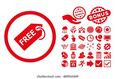 Free Tag pictograph with bonus design elements. Vector illustration style is flat iconic symbols, red color, white background.