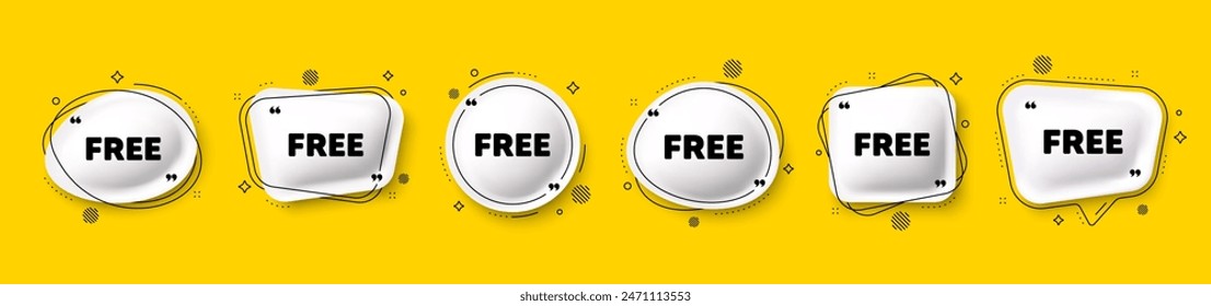 Free tag. Speech bubble 3d icons set. Special offer sign. Sale promotion symbol. Free chat talk message. Speech bubble banners with comma. Text balloons. Vector