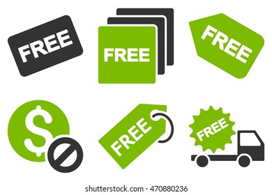 Free Tag vector icons. Pictogram style is bicolor eco green and gray flat icons with rounded angles on a white background.