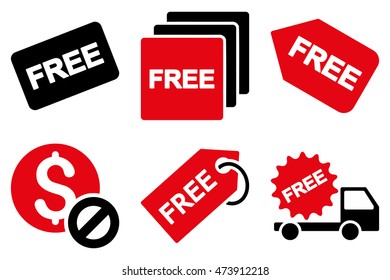 Free Tag vector icons. Pictogram style is bicolor intensive red and black flat icons with rounded angles on a white background.