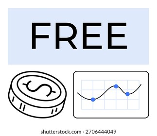 FREE text alongside a coin with dollar sign and a graph with data points. Ideal for finance, business growth, economics, marketing materials, investment, education, online tools. Line metaphor