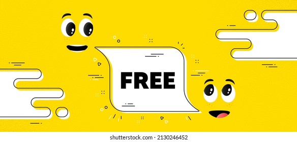 Texto libre. Caricatura frente al fondo de la burbuja de chat. Signo de oferta especial. Símbolo de promoción de venta. Mensaje de chat gratis. Cara de sonrisa de carácter. Vector