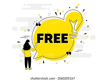 Free text. Idea chat bubble banner with person. Special offer sign. Sale promotion symbol. Free chat message lightbulb. Idea light bulb people background. Vector