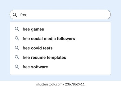 Free things online topics search results. Freebies concept online search engine autocomplete suggestions.