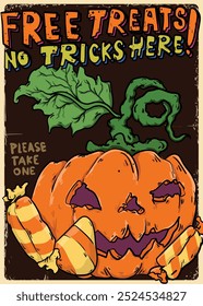 Amenazas gratis sin trucos concepto de caramelo gratis. Jack o linterna con caramelo de maíz. con texto escrito a mano estilo vintage Ilustración vectorial de Plantilla de póster de halloween.