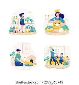 Free time activities illustration set of family time, play with pet, making cake and watering plant concept