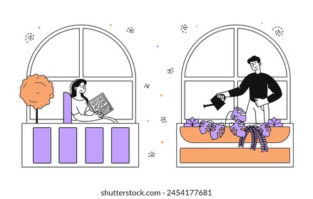 Free time at balcony simple. Woman reading book and man watering plants. Hobby and leisure in sunny day. Neighboors outdoors. Doodle flat vector illustration isolated on white background