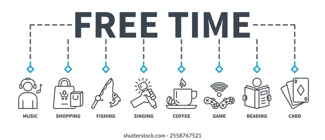 Free Time banner web icon vector illustration concept with icon of music, shopping, fishing, karaoke, coffee, game, reading, and card