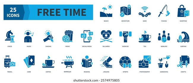 Free Time Icon Collection Set. Containing beach, adventure, game, fishing, shopping, music, movie, travel, sports Icon. Simple Flat Vector. Blue Color Style