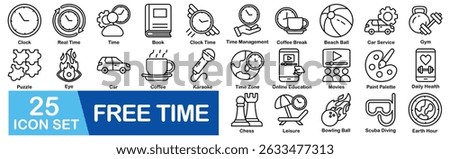 Free Time Icon Set With Clock, Real Time, Time, Book, Clock , Management, Coffee Break, Beach Ball, Car Service, Gym, Puzzle, Eye, Car